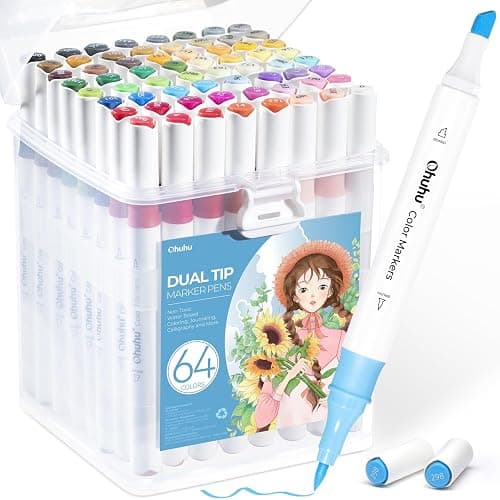 Ohuhu Marker Pens Water-Based, 64 Colours Dual Tip Art Markers Brush Pens for Adults Colouring Pens for Anime Manga Design, Calligraphy, Drawing, and Illustration, Odourless and Washable - 64 - Image 1
