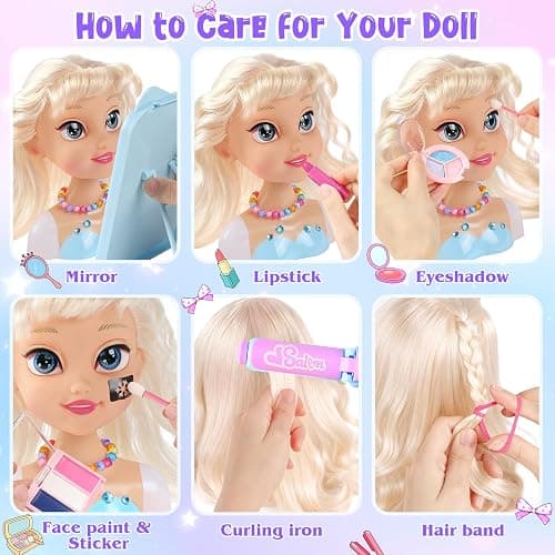 KUBUSFLY Hair Styling Doll Head Toys for Girls, Kids Makeup Hair Salon Pretend Play Styling Kit with Hairdryer, Curling Iron, Beauty Hair Stylist Toy Christmas Birthday Gift for Toddler Girls 3 4 5 6+ thumbnail 7