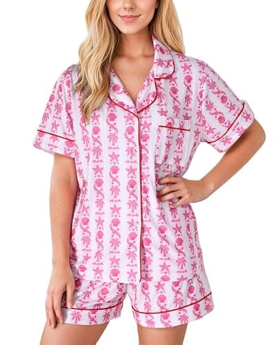 GZDINH Women's 2-Piece Pajama Set Palm and starfish Print Sleepwear Breathable Short Sleeve for Birthday Gift - Image 1
