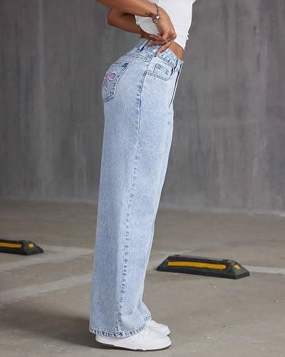 Flvsun Women's Y2k Bow Low Rise Baggy Jeans 2025 Fall Embroidery Wide Leg Boyfriend Denim Pants thumbnail 7