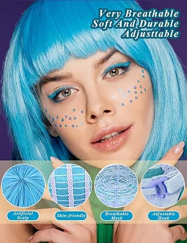 LOHO MAGICA 9 Pack Colored Wigs, Funky Colorful Wigs, Short Bob Hair Wigs, Neon Party Wig, Cosplay Wig with Rimless Heart Shape Sunglasses - One Size for All Women Adults Halloween Costume Night Club thumbnail 4