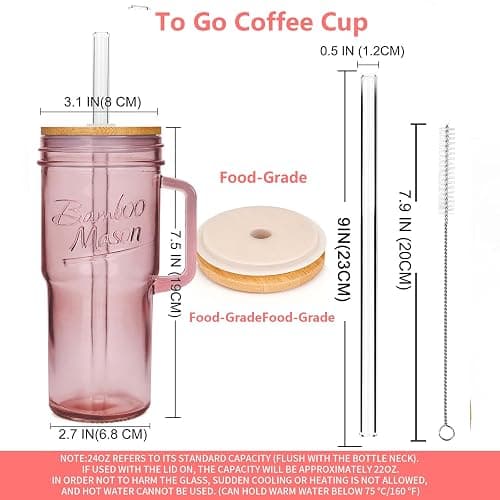 ANOTION Colored Glass Cups with Handle Set of 4, 24oz Glass Cups with Lids and Straws Travel Coffee Mug Bamboo Mason Jar Iced Cup Smoothie Tea Clear Cute Water Drinking Jars Glasses thumbnail 3