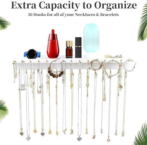 YYILIS Necklace Holder, Upgraded Extra Large Wall Necklace Organizer with 30 Hooks Wall Mounted Necklace Hanger with Jewelry Tray/Cosmetics Shelf Rustic Pine Wood Holder (White) thumbnail 4