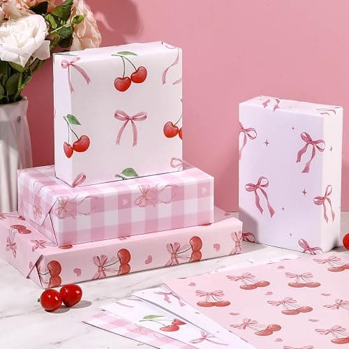 Pineraap 12 Sheets Pink Bow Cherry Wrapping Paper, Bowknot Printed Gift Wrap Paper Decorative Craft Paper for Girls Women Birthday Wedding Baby Shower Coquette Party, 19.7 x 27.6 Inch thumbnail 2
