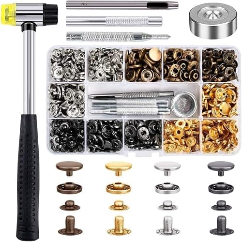 Qfun 120 Set Snap Fasteners Kit for Leather 12mm Metal Button Snaps Press Studs with 4 Setter Tools, 1 Hammer, 4 Color Leather Snaps for Clothes, Jackets, Jeans Wears, Bracelets, Bags - Image 1