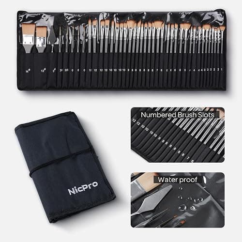 Nicpro 40 PCS Paint Brush Set, Professional Acrylic Paint Brushes with Palette Knife and Canvas Roll, Suitable for Acrylic Painting, Oil, Watercolor, Gouache, Art Supplies Painter Gifts for Artist thumbnail 8