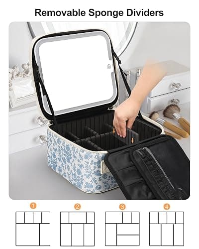 Relavel Travel Makeup Bag with LED Mirror, Portable Cosmetic Train Case with 3 Color Lighted Brightness Mirror, Makeup Artist Organizer Storage with Adjustable Dividers Make Up Box - Blue Flower thumbnail 5