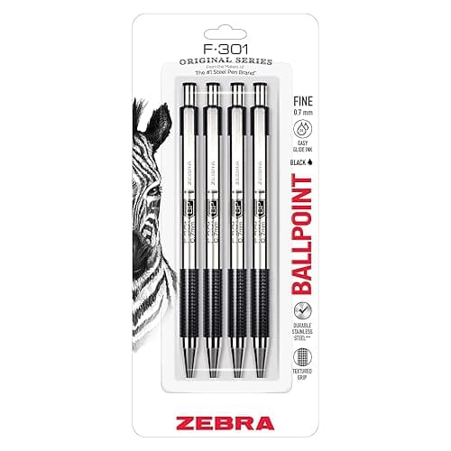 Zebra Pen STEEL F-301 Retractable Ballpoint Pen, Black Ink, 0.7mm, 4-Pack | Stainless Steel Barrel, Non-Slip Grip, Easy-Glide Ink, Fine Point, Professional Design, Ideal for Journals & Planners (27114) - Image 1