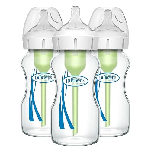 Dr. Brown's Natural Flow Anti-Colic Options+ Wide-Neck Glass Baby Bottles 9 oz/270 mL, with Level 1 Slow Flow Nipple, 3 Pack, 0m+ - Image 1