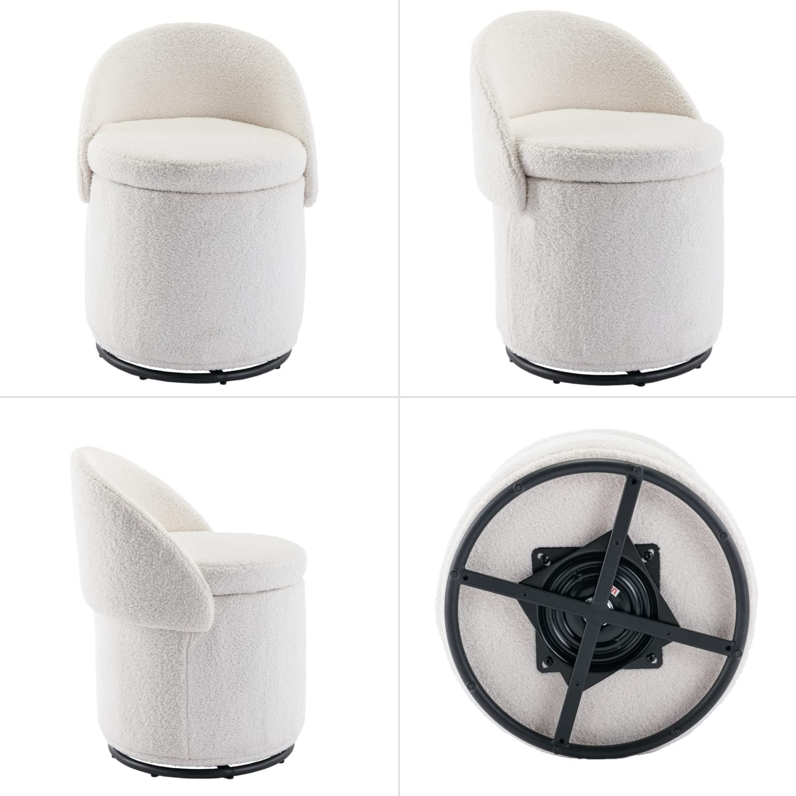 Swivel Vanity Ottoman Chair: Linen Upholstered Barrel Club 360°Degree Swivel Side Stool with Storage - Comfy Modern Makeup Stool- Bedroom Living Room - White thumbnail 3