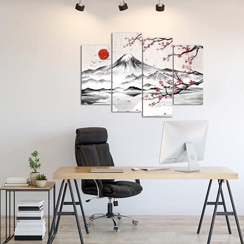 LyerArtork 4 Panel Japanese Ink Painting Wall Art Mount Fuji with Moon Pictures Wall Decor Cherry Blossom Canvas Print Japan Traditional Artwork for Living Room Bedroom Decoration thumbnail 2