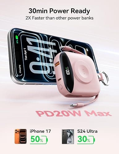 Portable Charger Power Bank, 10000mAh Fast Charging Power Bank with Built-in Cables, Travel Keychain Battery Pack with LED Display for iPhone Samsung Android iPad iWatch Charger 11/10/9/8/Ultra,Pink thumbnail 6