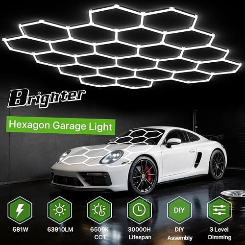 Glitgate Hexagon Garage Lights 22 Grids: 3 Level Dimmable 581W 63910LM Led Hexagonal Shop Light, 6500K Daylight White Hex Honeycomb Ceiling Lighting System Super Bright for Gym, Basement, Workshop thumbnail 2