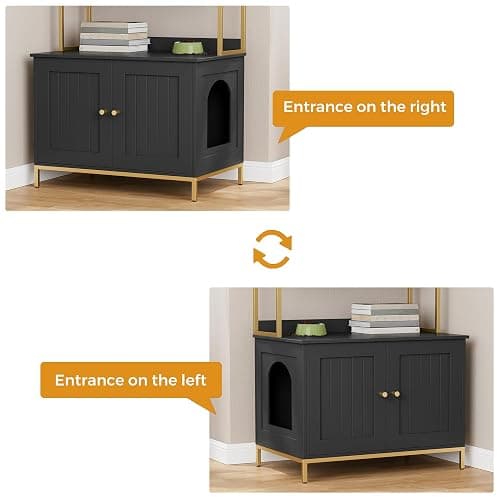 Homhedy Cat Litter Box Enclosure, Litter Box Furniture Hidden with 2-Tier Storage Shelves, Wooden Cat Washroom Furniture with Metal Frame, Modern Style, Black and Gold thumbnail 5
