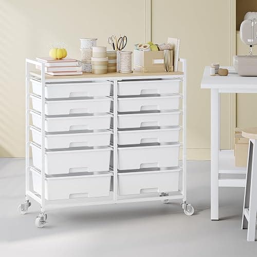 Rolling Storage Cart with 12 Drawers, Wooden Tabletop Utility Cart for Craft Storage, Art Supply Storage & Home Office Organization, Teacher Cart with Wheels for Classroom, School (White) thumbnail 2
