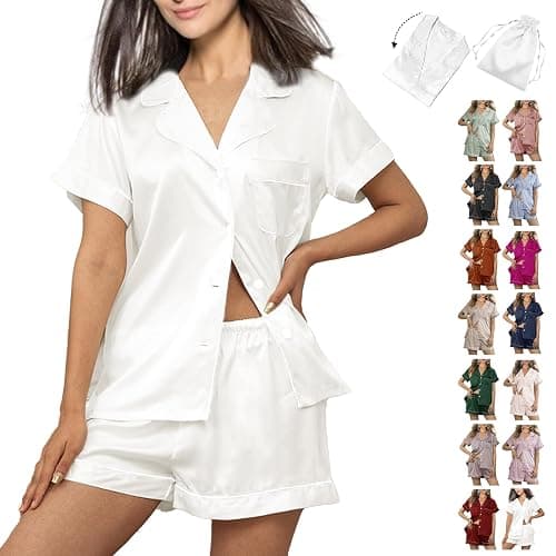 WJing Yi Jia Womens 3Pcs Floral Pajamas Sets Silk Satin Sleepwear XS~4XL Button Down Short Sleeve Shirt Pjs Loungewear thumbnail 4