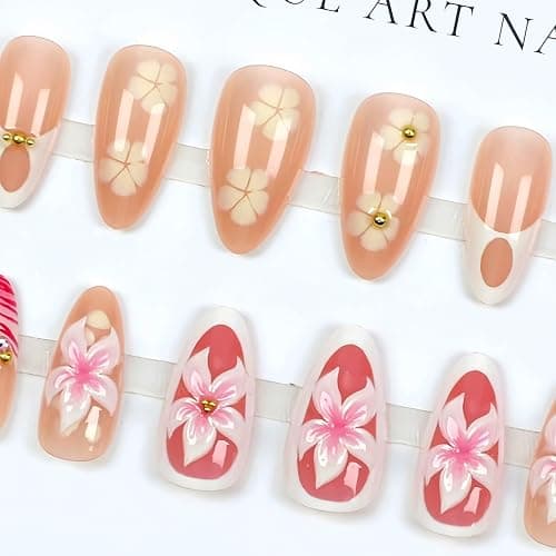 3D Flower Summer Press on Nails Medium Almond French Tip Fake Nails 3D Flower Hibiscus with Gold Beads Design Glue on Nails Full Cover Artificial Acrylic Nails Stick on Nails for Women Manicure Decor thumbnail 5
