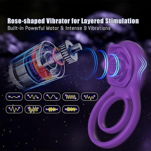 Vibrating Cock Ring with Rose Clitoral Stimulator, Pleasure Penis Ring Vibrator Couples Adult Sex Toys for Men Women, 7 Vibrations Male Couple Sex Toy Clitoris Vibrator, Cock Rings Vibrators for Men thumbnail 3
