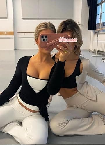 Navneet Women Pilates Wrap Top Ballet Yoga Tops Cute Going Out Top Y2K Low Cut Long Sleeve Tops Tie Up Bolero Cardigans Fall thumbnail 3