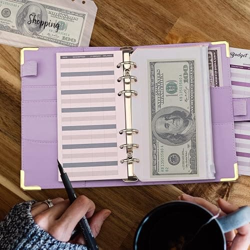 Budget Binder, A6 Marble PU Leather Binder, 6 Ring Budget Planner Organizer with 8 Zipper Cash Envelopes, 12 Expense Budget Sheets, 2 Letter Label Sticker for Budgeting, Saving Money (Purple) thumbnail 2