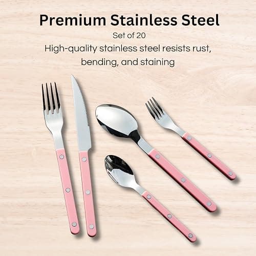 Khen Cutlery Set of 20 Pieces, 18/8 Stainless Steel Flatware, Modern Silverware for Home, Kitchen, Dining & Table Setting for 4, Dishwasher Safe, Lightweight & Ergonomic Design Gift - Pink thumbnail 4