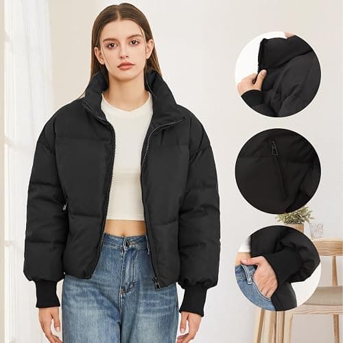 Women’s Winter Cropped Puffer Jacket Coat Casual Quilted Baggy Long Sleeve Zip Down Jackets Outerwear thumbnail 3