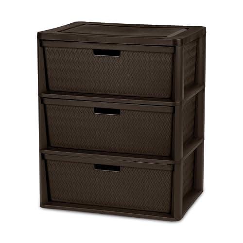 CNEIESD 3-Drawer Wide Weave Plastic Decor Drawer Tower – Brown, Pull Handles, Concealed Storage - Image 1