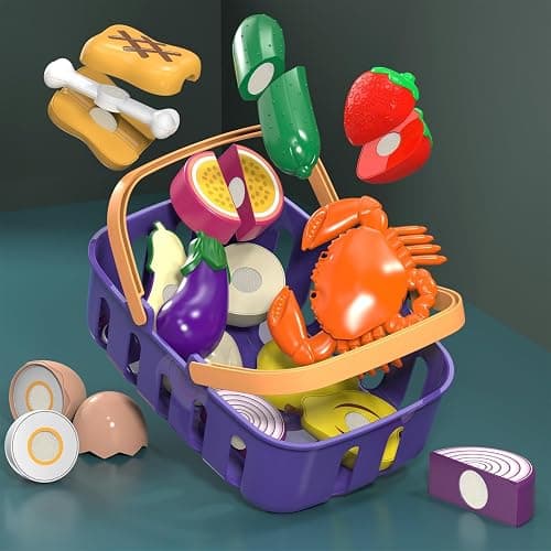 Cutting Play Food Toy with Grocery Basket, Pretend Play Kitchen Accessories | Toddler Educational Kitchen, Plastic Fake Food, Vegetables & Fruits for Kids Age 3-5, Birthday Gift for Boys Girls thumbnail 2