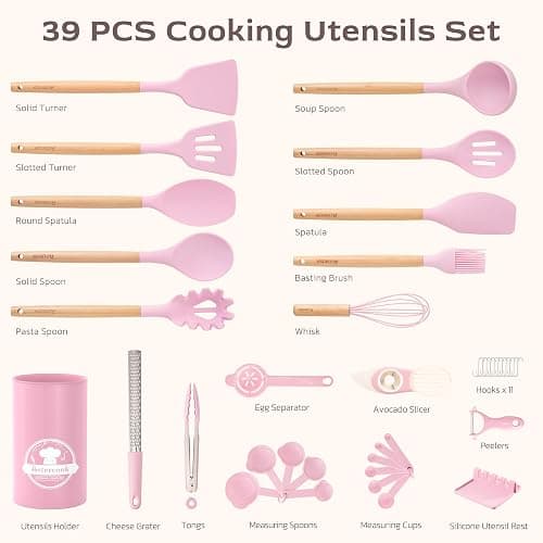 Astercook Kitchen Utensils set, 39 PCS Silicone Cooking Utensils Set with Wooden Handle, 446°F Heat Resistant Food Grade Utensil Sets, BPA Free Kitchen Gadgets Tools Set for Nonstick Cookware (Pink) thumbnail 9