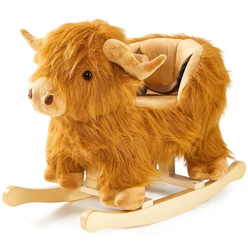 Baby Rocking Horse,Highlander Cattle Wooden Rocking Horse for Toddlers 1 Year Old Cute Cow Stuffed Plush Ride-on Toy Rocking Animal for Baby Boys and Girls Nursery/Child Christmas or Birthday Gift - Image 1
