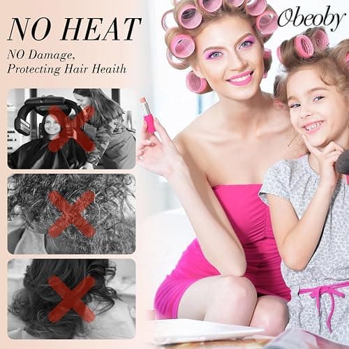 obeoby 4 Sizes Self-Grip Hair Rollers Curlers Set for Women Girls, Pink | No-heat Set with Clips Comb (25, 36, 48, 60mm) Plastic Jumbo Large Small for Long Short Curly Bangs Styling Accessories Gifts thumbnail 5