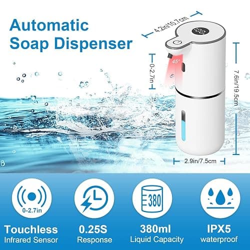 OHIFAST Automatic Foaming Soap Dispenser Touchless, USB Rechargeable Smart Hand Soap Dispenser, 6-Level Adjustable, 12.8oz/380mL Wall Mounted for Bathroom Kitchen Dish Soap-White thumbnail 2