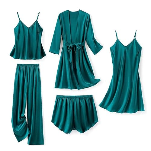 SAPJON Silk Pajamas for Women 5Pcs Sleepwear Loungewear Satin Robe Cami Shorts Pj Set - Image 1