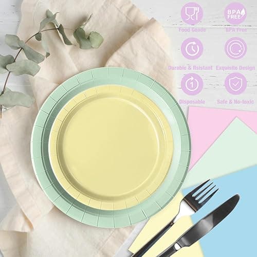 Oigco 60 PCS Pastel Paper Plates and Napkins, Pastel Party Decorations, Rainbow Paper Plates for Colorful Birthday Baby Shower Wedding thumbnail 5