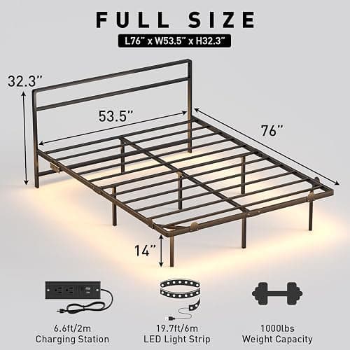 Full Floating Bed Frame with Headboard, Modern Platform Bed Frame with LED Lights and USB Charging Station, Sturdy Metal Bed Frame for Adults, No Box Spring Needed, Easy Assembly, Noise Free Design thumbnail 2