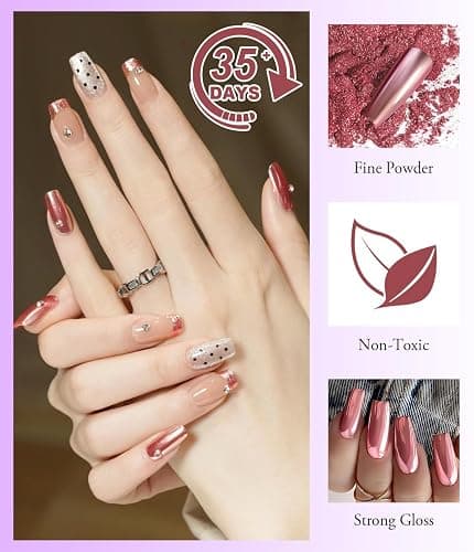 LEDSUUEI Chrome Nail Powder - Super Mirror Effect Metallic Holographic Aurora Iridescent Pearlescent Rose Gold White Pearl Chrome Nail Powder for Nails Salon DIY thumbnail 6