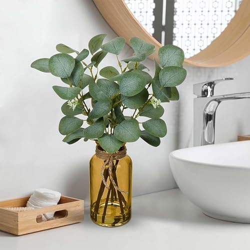 Briful Artificial Eucalyptus Stems in Amber Glass Vase with Faux Water, 14" Fake Plant Eucalyptus Leaves for Home Office Farmhouse Wedding Centerpiece Décor thumbnail 2