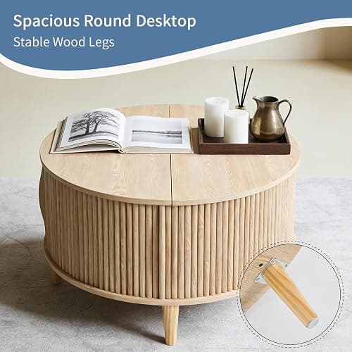DUMOS Coffee Table, Round Coffee Tables with Storage, Fluted Center Table for Living Room, 31.69" Mid Century Modern Table with Sliding Cabinet Door, 2-Tier Rustic Wood Desktop, Wood thumbnail 7