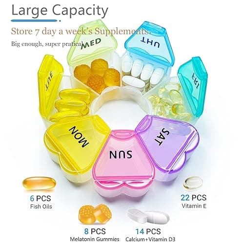 MOLN HYMY Cute Weekly Pill Box 7 Day, Heart Shaped Pill Case Organizer 1 time a Day, Purple Pink Pill Container Once Daily, Large Medicine Dispenser for Vitamin/Fish Oil/Medication/Supplements thumbnail 8