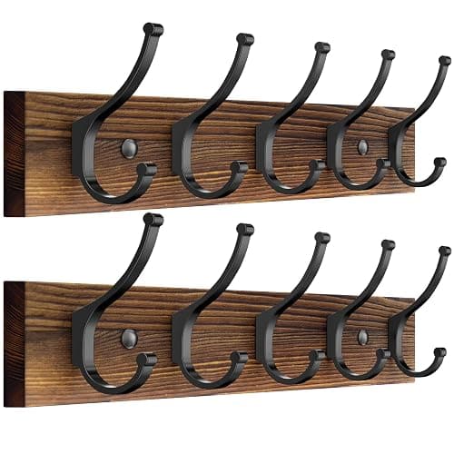 Optish 2 Pack Wooden Coat Rack Wall Mount, 16.1" Rustic Coat Hanger Hooks with 10 Double Hooks, Wall Coat Rack for Hat, Clothes, Bags, Jacket, Brown - Image 1