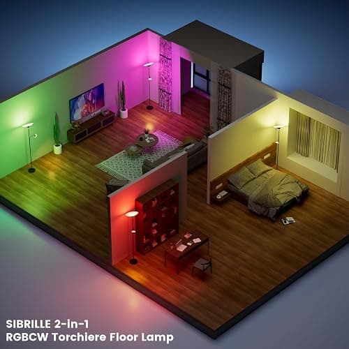 SIBRILLE RGB Torchiere Floor Lamp - 2 Way Dimmable LED Standing Lamp with Remote&Button Control, 30W Rotatable Floor Reading Light, 72'' Tall Modern Corner Lamp for Living Room Bedroom Office thumbnail 2