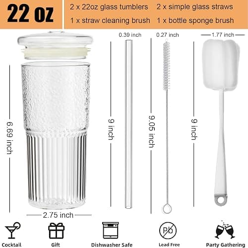 ALINK Glass Cups with Lids and Straws, 22 oz High Borosilicate Clear Iced Coffee Glass Tumblers, Drinking Glass Smoothie Tea Water Cups, Pack of 2 with Cleaning Brush thumbnail 3