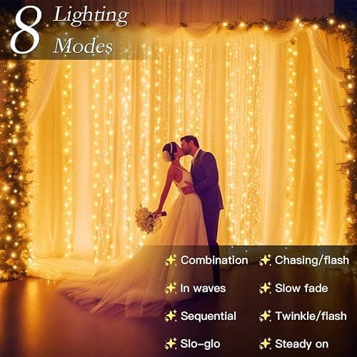 Soagrc 300 LED Warm White Curtain String Lights 9.8x9.8FT, Plug in Fairy Lights with 9 Hooks, Dimmable, Timer & 8 Modes, IP44 Waterproof, Bedroom Wall Wedding Backdrop Christmas Indoor Outdoor Decor thumbnail 5