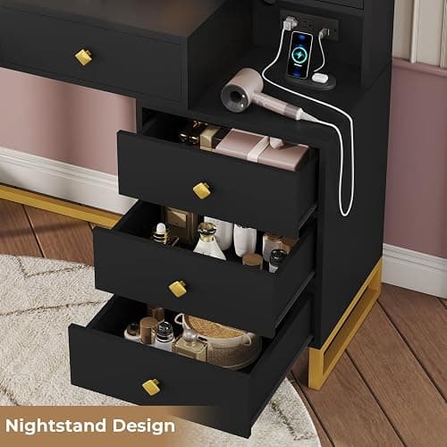 Tiptiper Large Makeup Vanity with Lights and Charging Station, Vanity Desk with Mirror and Lights, Vanity Table with Nightstand, Makeup Table with 5 Drawers & Storage Shelves, Black and Gold thumbnail 7