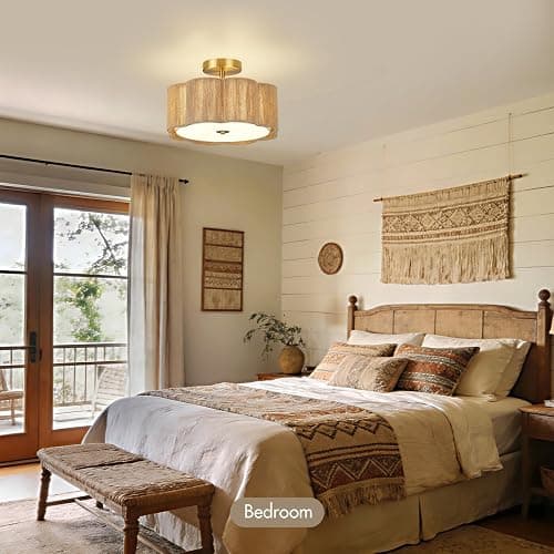 HILUXIA Boho Rattan Ceiling Light Fixture, 3-Light Semi Flush Mount Woven Ceiling Lamp with Gold Canopy, Dimmable Floral Wicker Ceiling Light for Bedroom Dining Room Kitchen Hallway Entryway Foyer thumbnail 7