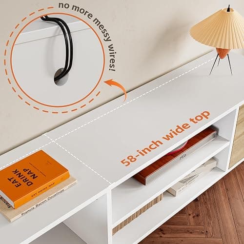 YESHOMY Modern TV Stand for 65" Television, Entertainment Center with Two Storage Cabinets and Open Shelves, Retro Style Media Console for Living Room, Bedroom, Office, 58 Inch, White and Beige thumbnail 3
