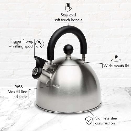 Primula Stewart Whistling Stovetop Tea Kettle Food Grade Stainless Steel, Hot Water Fast to Boil, Cool Touch Folding, 1.5-Quart, Brushed with Black Handle thumbnail 4