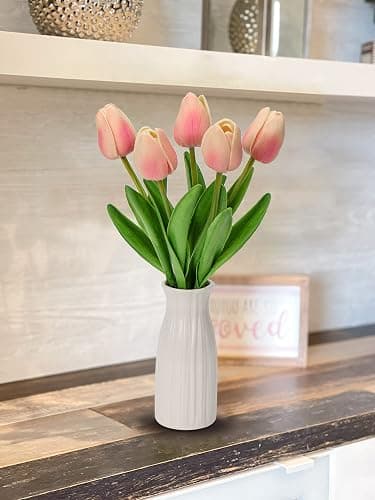 Briful 2 Packs Faux Flowers Artificial Tulips with Ceramic Vase, Poly Foam Pink Tulips Real Touch Flower Arrangement for Home Kitchen Wedding Centerpiece Decoration thumbnail 7