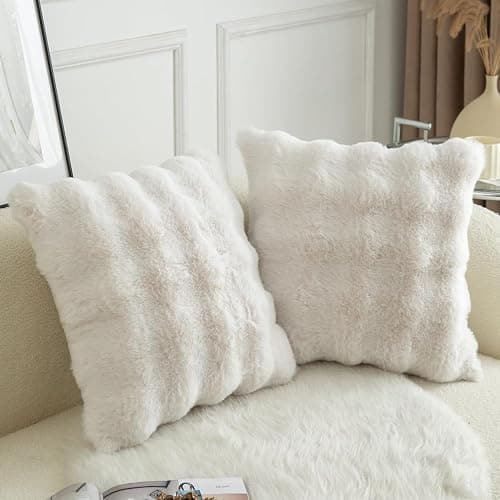 Mandioo Lot de 2 Housses de Coussin Décoratives en Laine Épaisse et Doudou Super Douces Vague Bulle Fourrure Veloutée Taies pour Canapé Lit Salon 60x60 cm Blanc Crème​ thumbnail 2