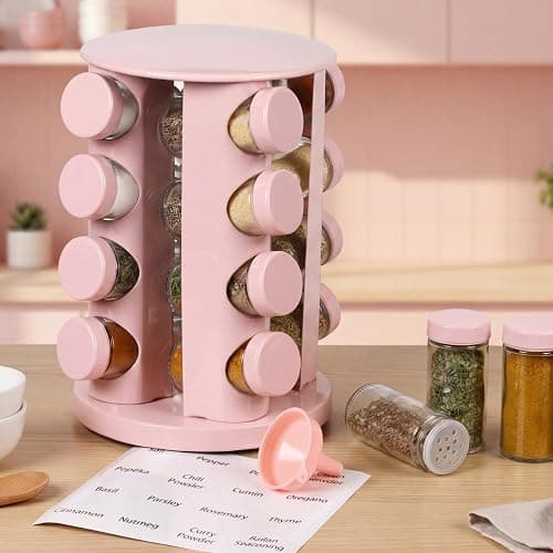 Yungyan Pink Rotating Spice Rack Seasoning Organizer with 16 Empty Jars, Spice Containers Set with Labels and Funnel, Revolving Seasoning Rack for Kitchen Accessories (Stainless Steel,Glass) - Image 1